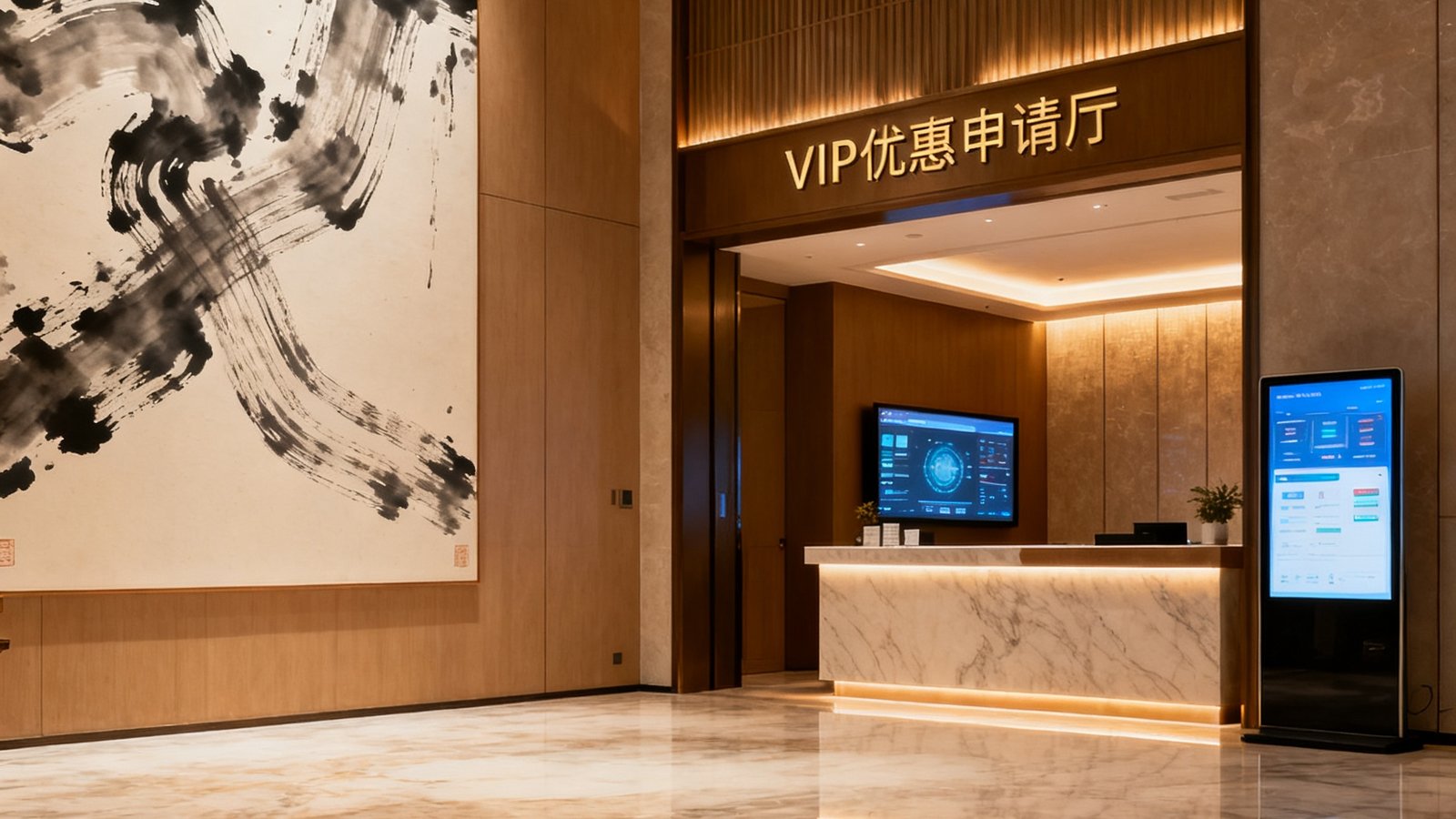 VIP优惠申请大厅位于厦门鹭江道国际艺术中心A座32层的艺术空间入口，暖色灯光映照大理石地面，墙面悬挂大幅当代水墨作品，接待台后方可见数字化管理系统屏幕