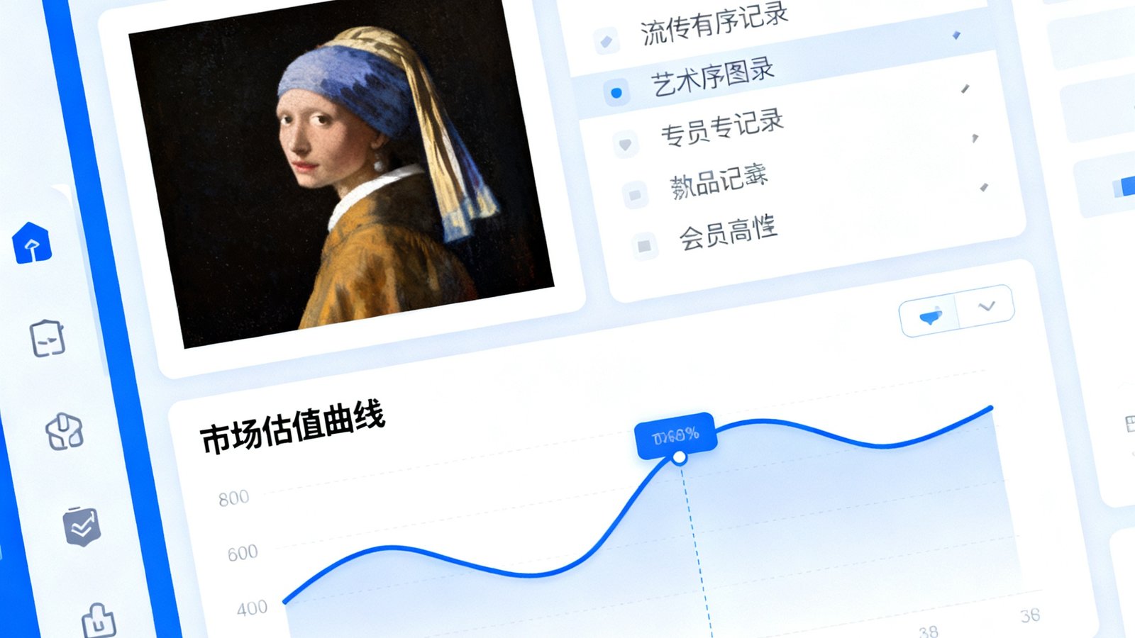 数字化管理系统界面截图，展示会员专属的艺术品档案数据面板，包含作品高清图像、流传有序记录、市场估值曲线图及保险状态指示