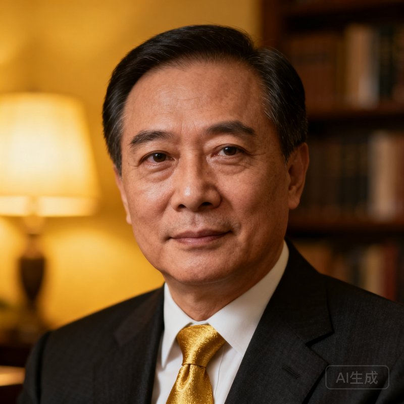 创始人陈明远先生半身肖像照，身着深色西装搭配金色领带，背景为柔和的书房灯光，眼神沉稳自信，约五十岁上下