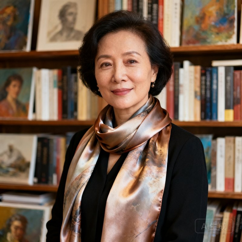 首席艺术顾问林雅文女士半身肖像照，佩戴真丝围巾，背景为布满艺术书籍的书架，气质优雅从容，约四十岁