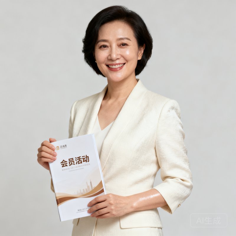客户关系总监周婉清女士半身肖像照，身着米白色职业装，笑容亲切自然，手持一本会员活动手册，约三十八岁